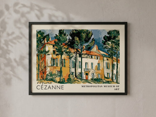 Wall art poster featuring Cézanne Le Château Noir landscape painting in a wooden frame.