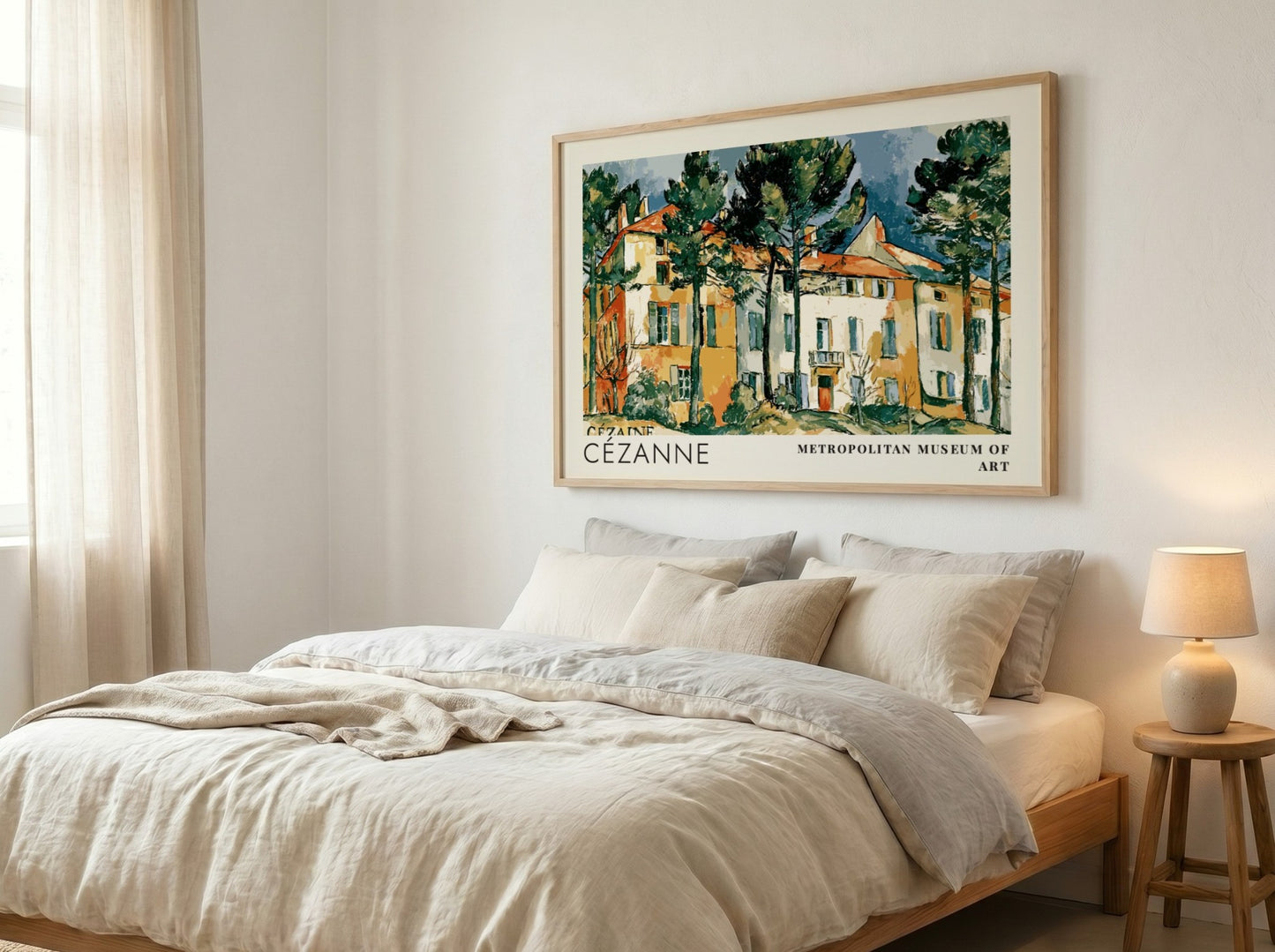 Wall art poster featuring Cézanne Le Château Noir landscape painting in a wooden frame.