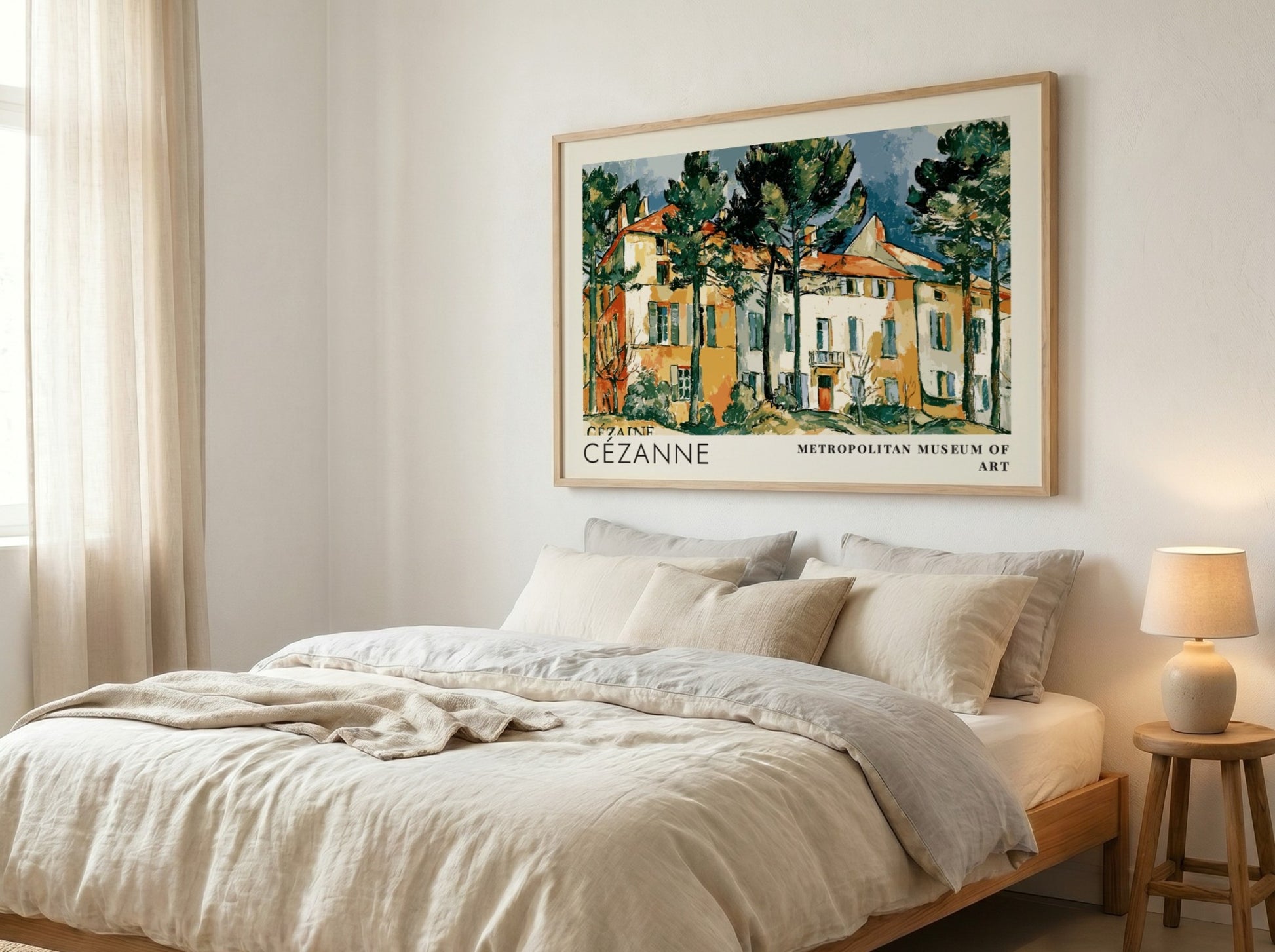 Wall art poster featuring Cézanne Le Château Noir landscape painting in a wooden frame.