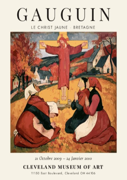 Gauguin exhibition poster featuring Le Christ Jaune with vibrant colors and emotive subject matter