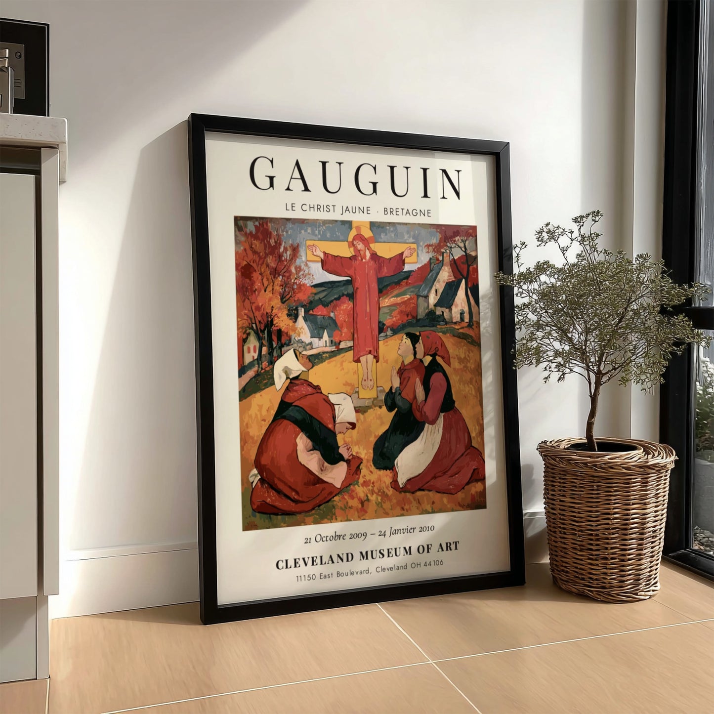 Gauguin exhibition poster featuring Le Christ Jaune with vibrant colors and emotive subject matter