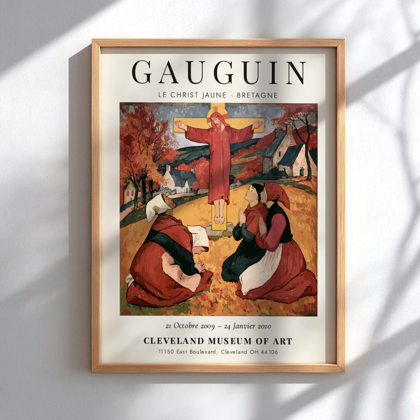 Gauguin exhibition poster featuring Le Christ Jaune with vibrant colors and emotive subject matter