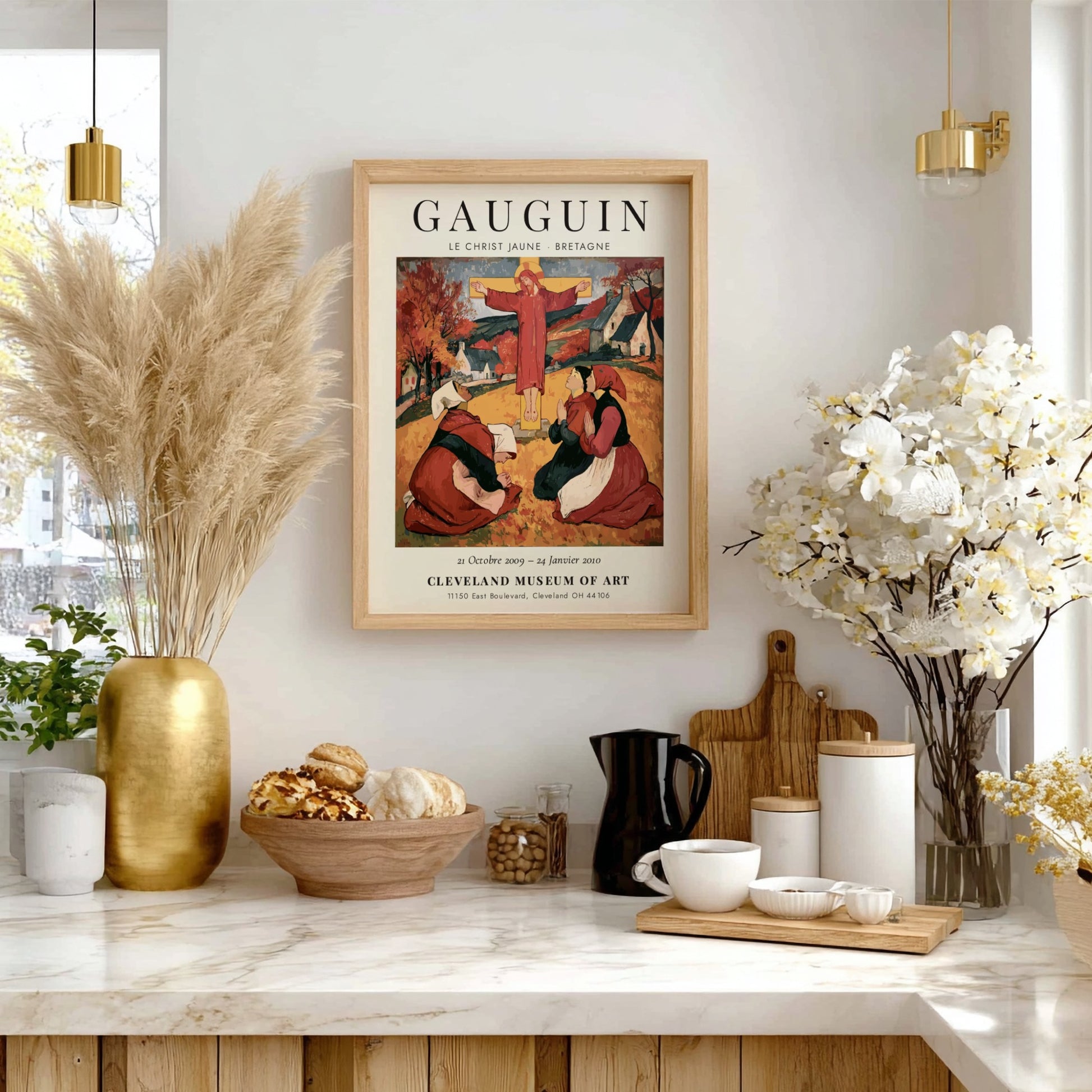 Gauguin exhibition poster featuring Le Christ Jaune with vibrant colors and emotive subject matter
