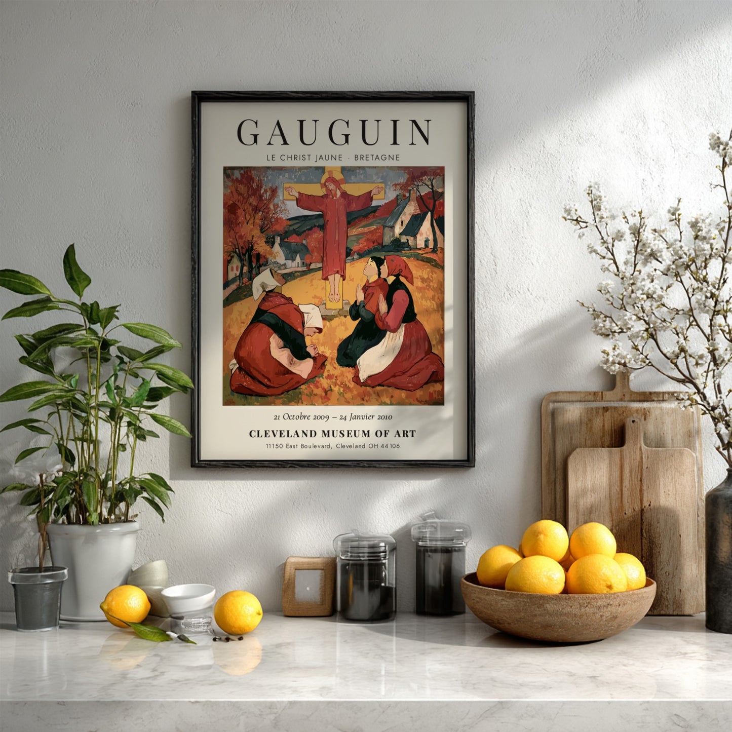 Gauguin exhibition poster featuring Le Christ Jaune with vibrant colors and emotive subject matter