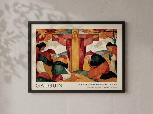 Wall art poster of Gauguin Le Christ Jaune featuring praying women and golden tones