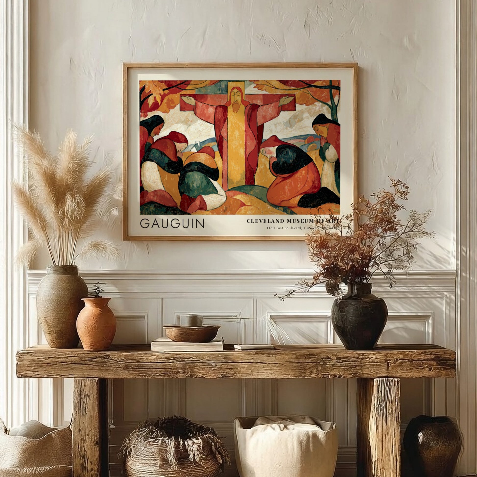 Wall art poster of Gauguin Le Christ Jaune featuring figures in red and green.