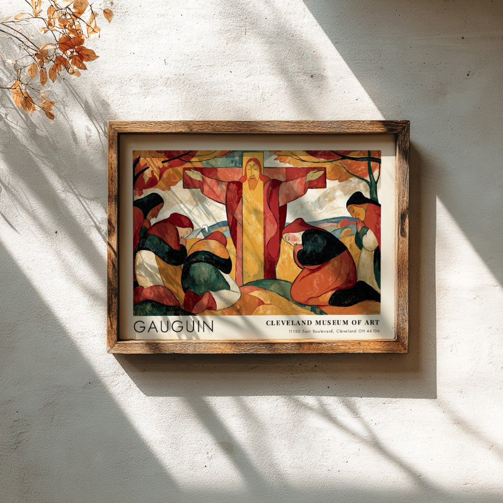 Wall art poster of Gauguin Le Christ Jaune featuring praying women and golden tones