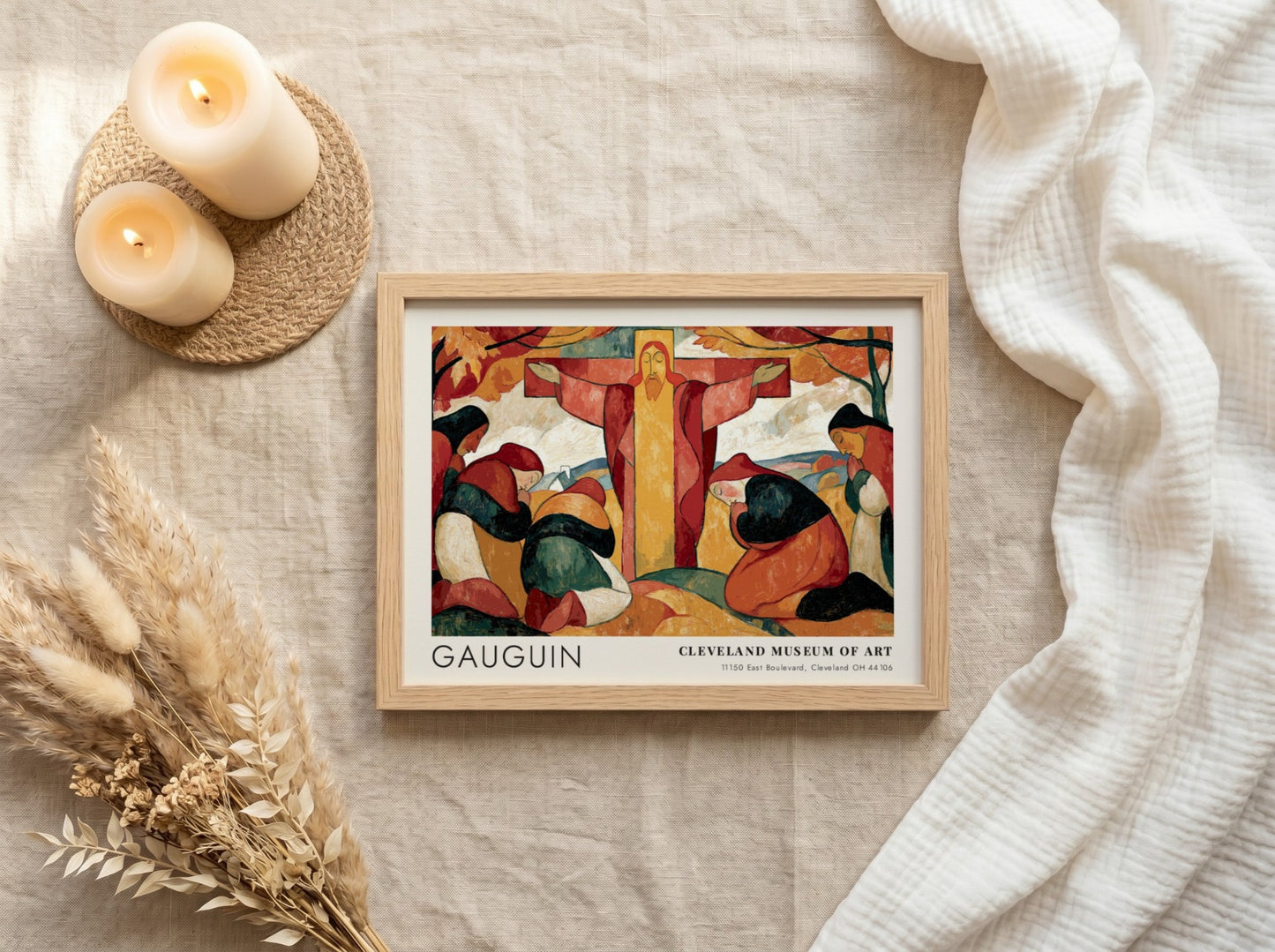 Wall art poster of Gauguin Le Christ Jaune featuring praying women and golden tones