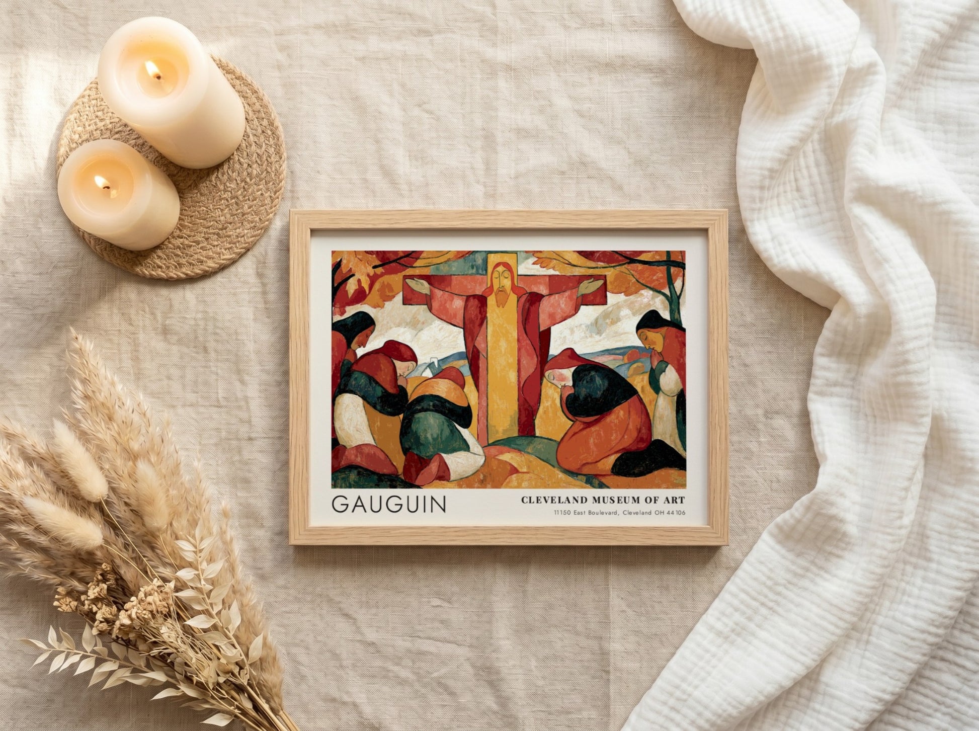 Wall art poster of Gauguin Le Christ Jaune featuring praying women and golden tones