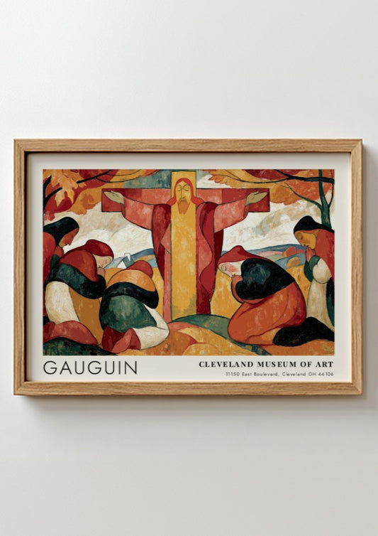 Wall art poster of Gauguin Le Christ Jaune featuring figures in red and green.