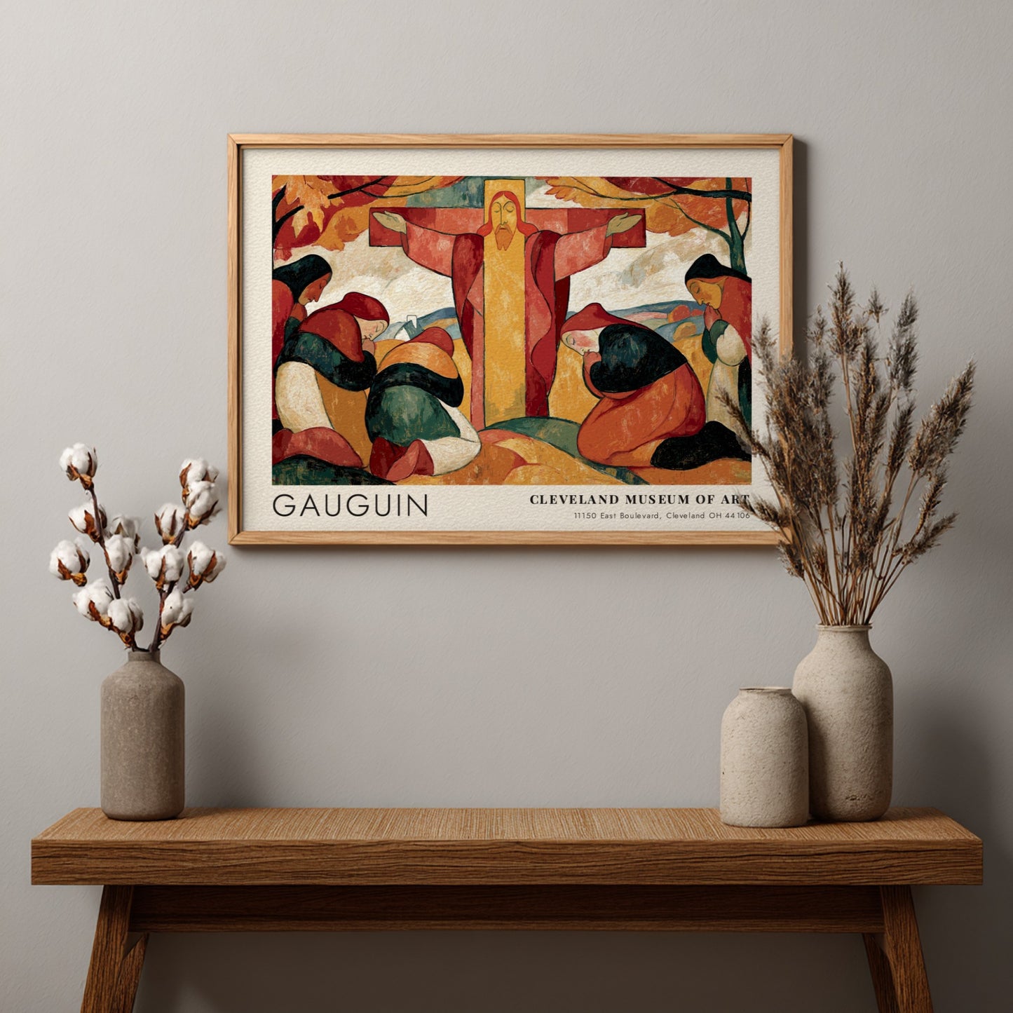 Wall art poster of Gauguin Le Christ Jaune featuring figures in red and green.
