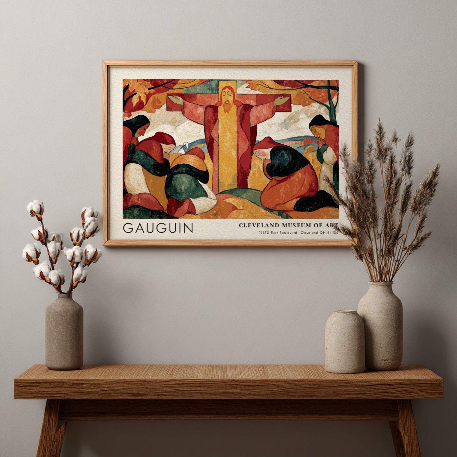 Wall art poster of Gauguin Le Christ Jaune featuring praying women and golden tones