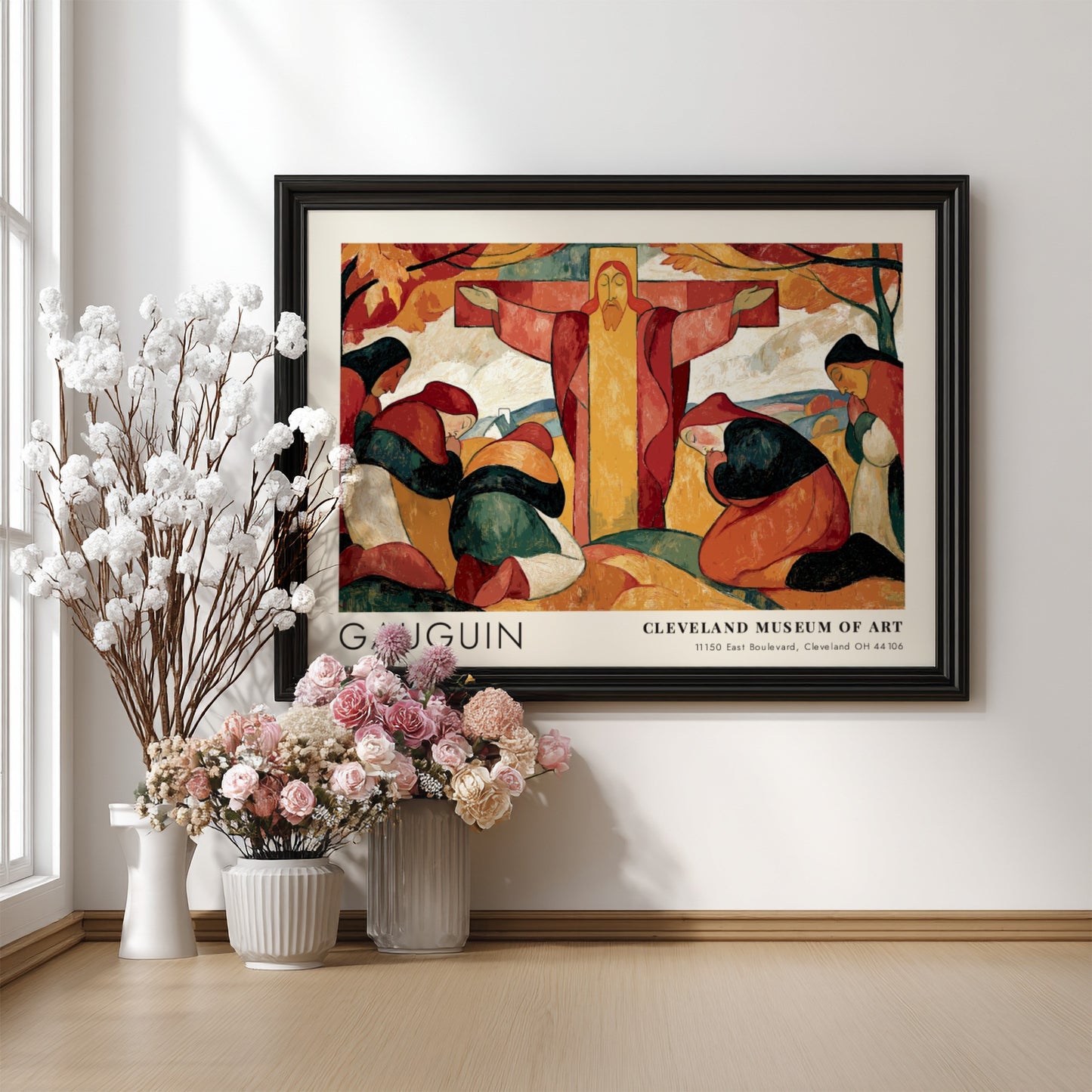 Wall art poster of Gauguin Le Christ Jaune featuring praying women and golden tones