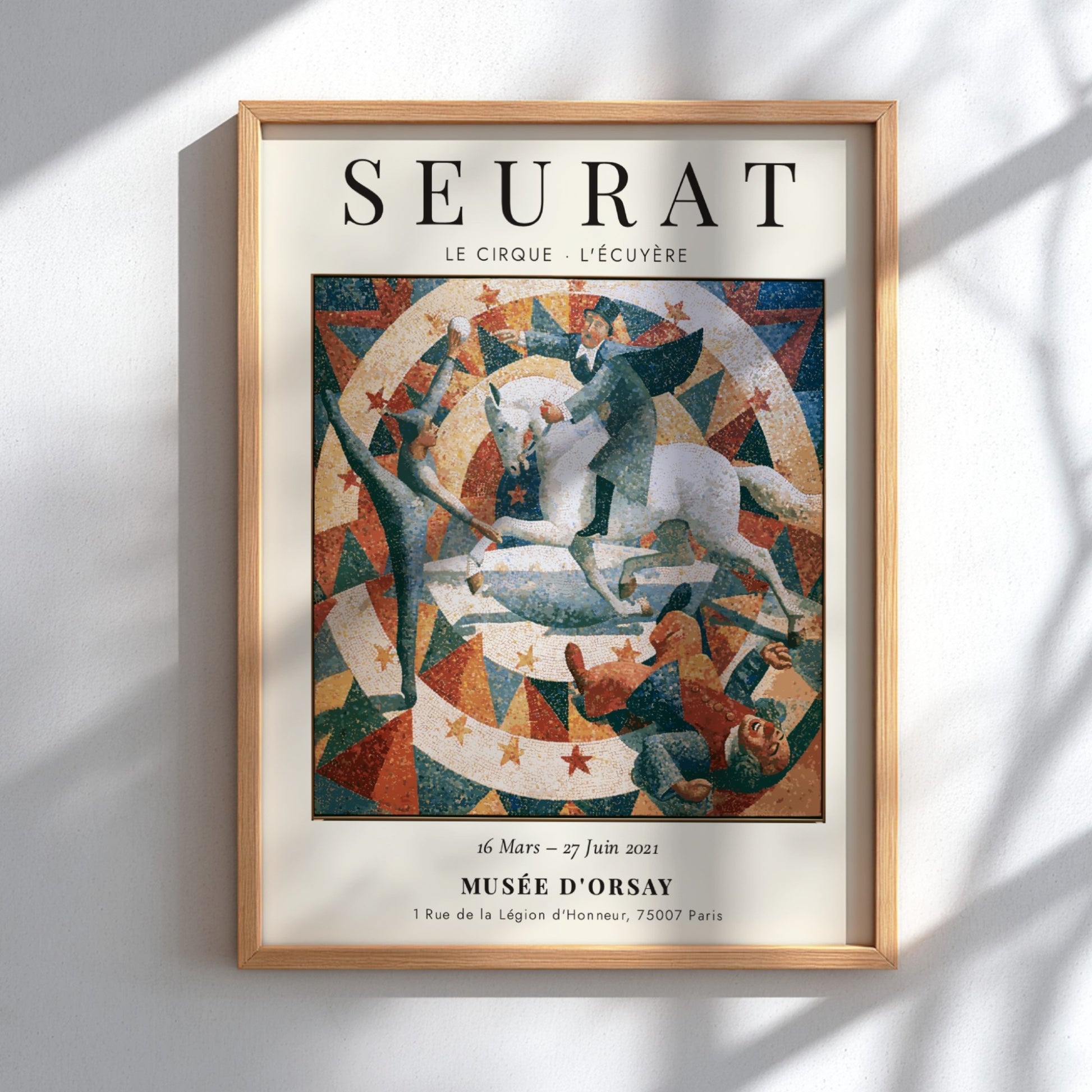 Seurat exhibition poster featuring Le Cirque - L'Écuyère with vibrant colors and circus theme
