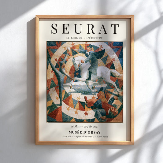 Seurat exhibition poster featuring Le Cirque - L'Écuyère with vibrant colors and circus theme