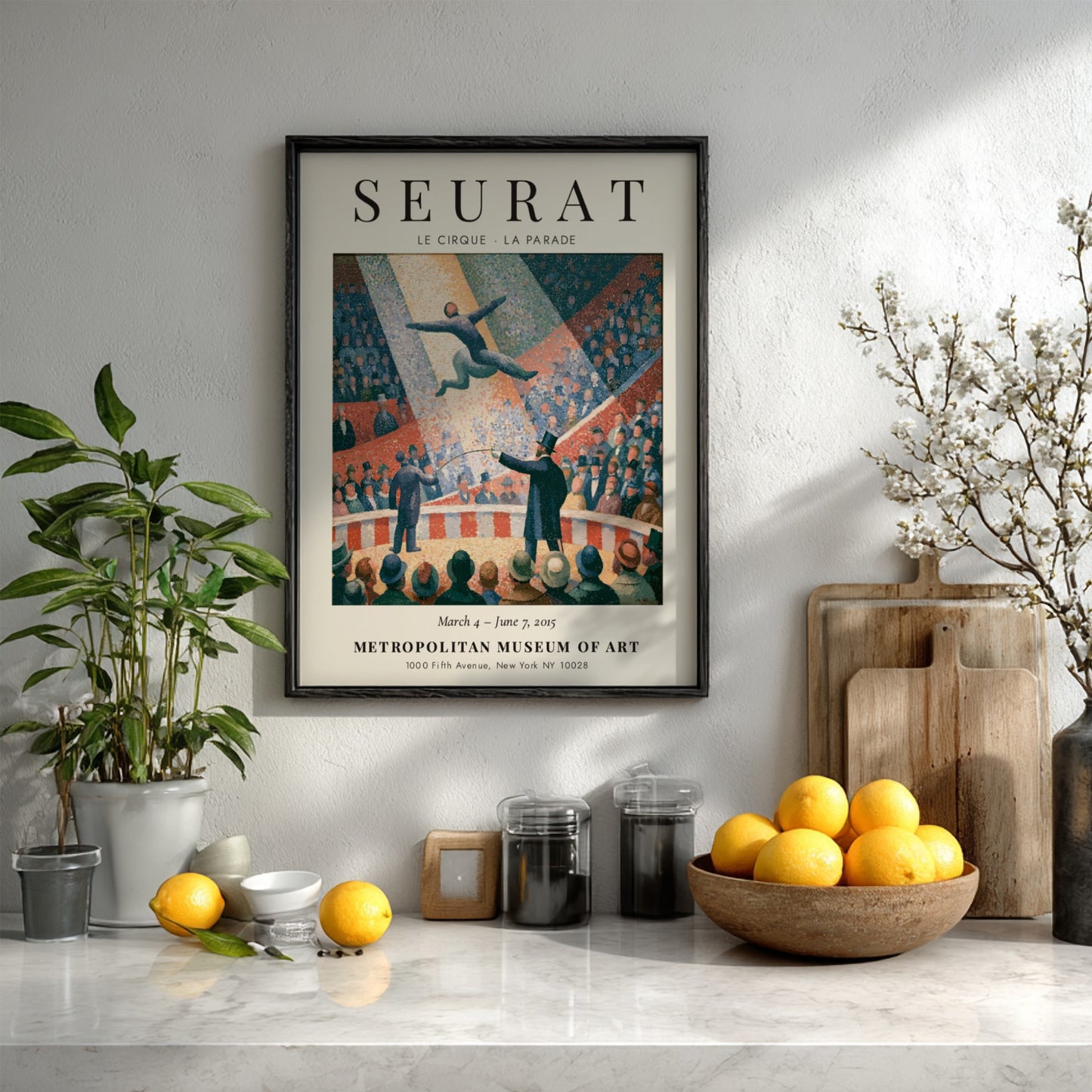 Seurat exhibition poster featuring Le Cirque La Parade with vibrant colors and dynamic circus scene