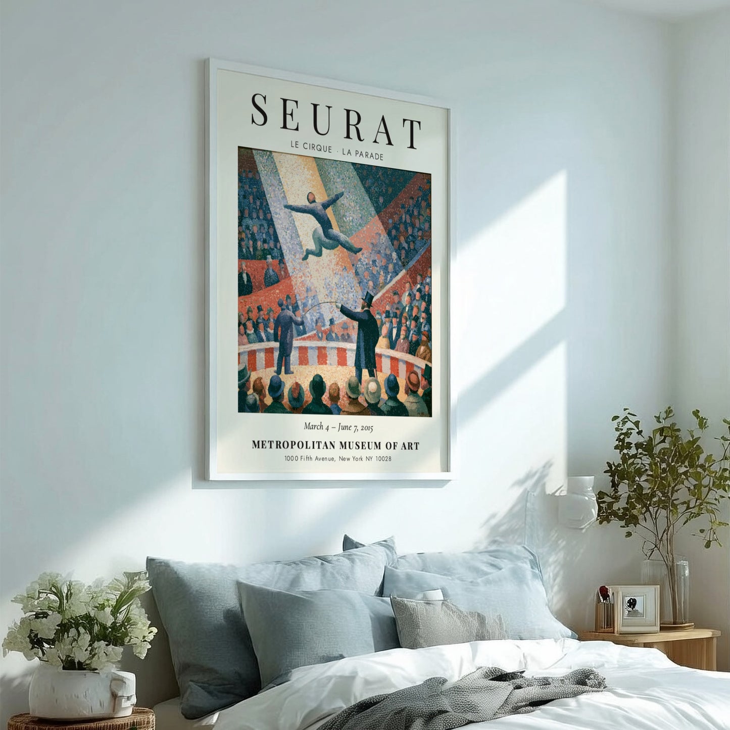 Seurat exhibition poster featuring Le Cirque La Parade with vibrant colors and dynamic circus scene