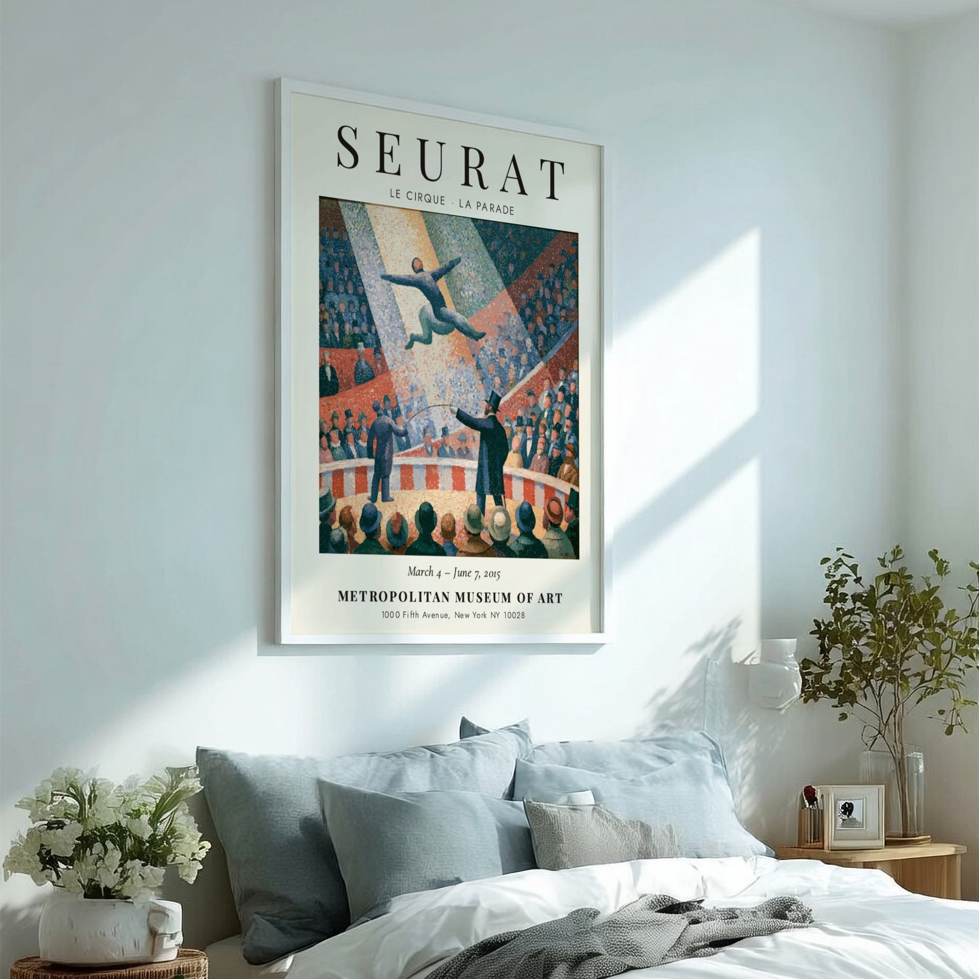 Seurat exhibition poster featuring Le Cirque La Parade with vibrant colors and dynamic circus scene