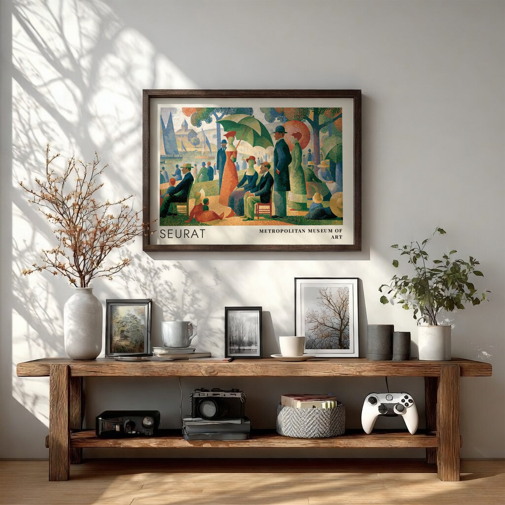 Wall art poster featuring Georges Seurat pointillist park scene with Metropolitan Museum of Art text