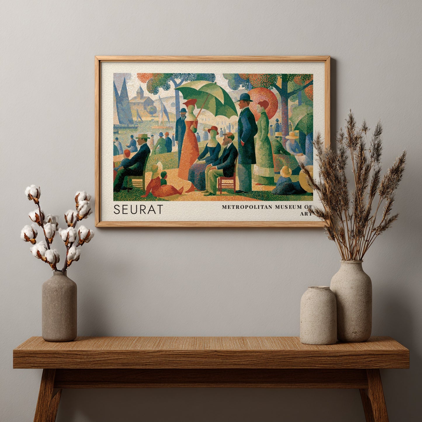Wall art poster featuring Georges Seurat pointillist park scene with Metropolitan Museum of Art text