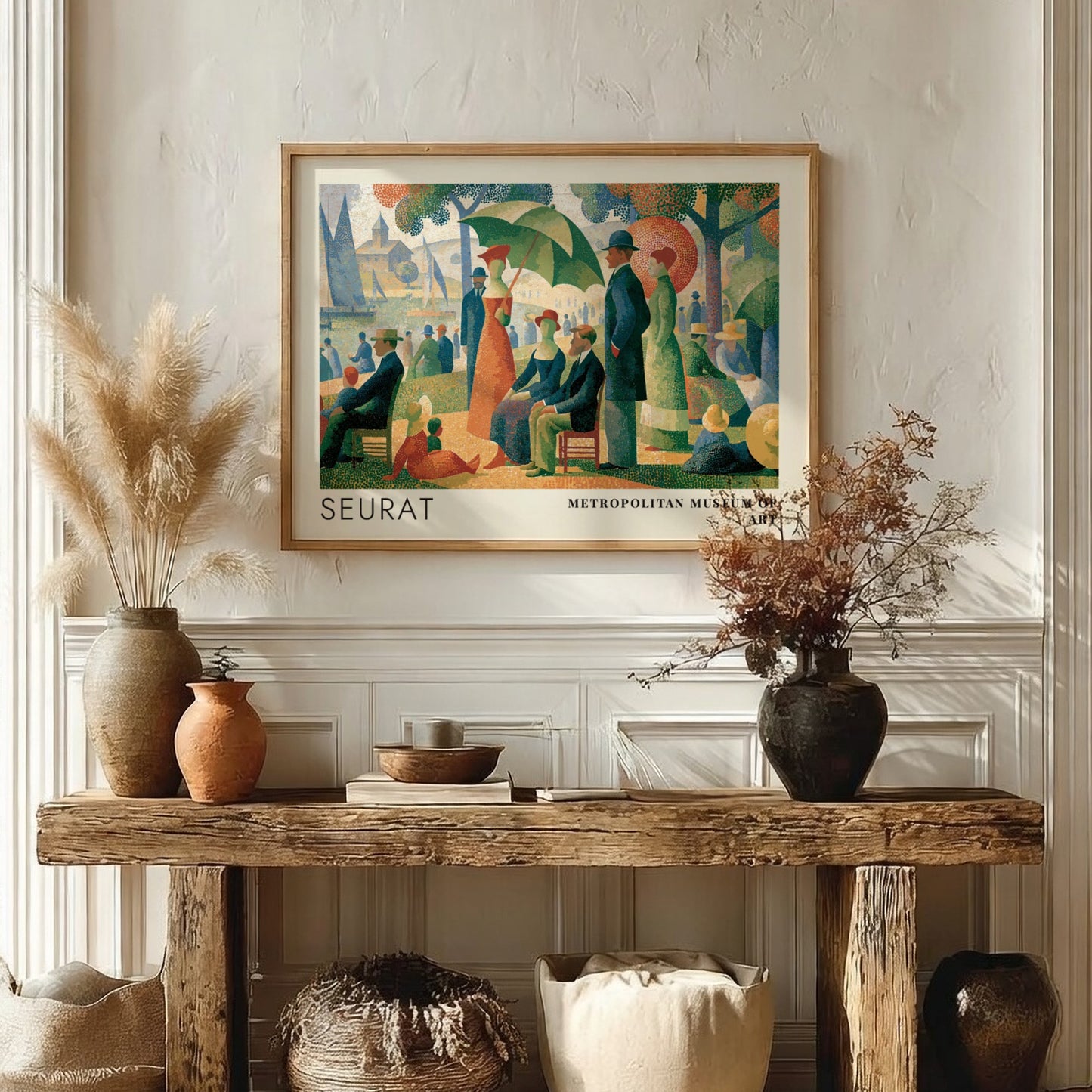 Wall art poster featuring Georges Seurat pointillist park scene with Metropolitan Museum of Art text