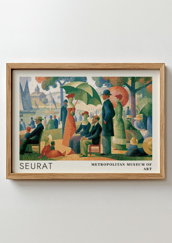 Wall art poster featuring Georges Seurat pointillist park scene with Metropolitan Museum of Art text