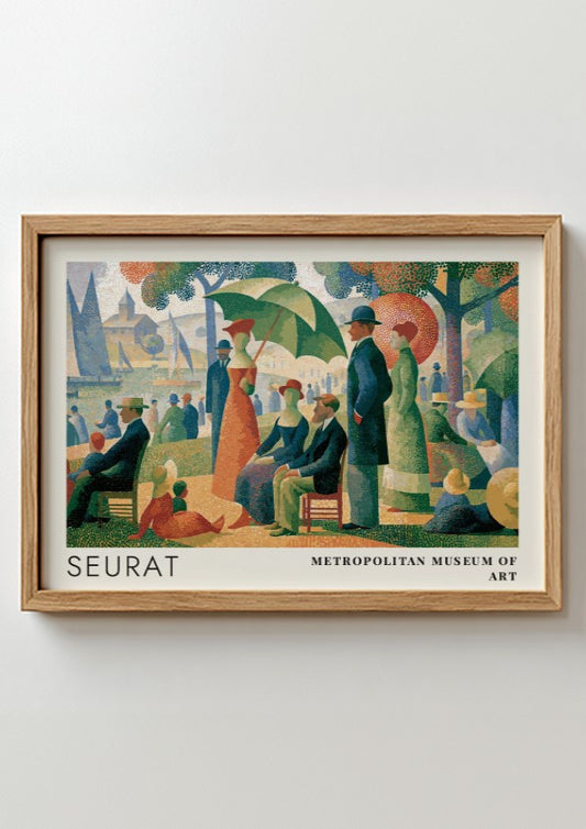 Wall art poster featuring Georges Seurat pointillist park scene with Metropolitan Museum of Art text