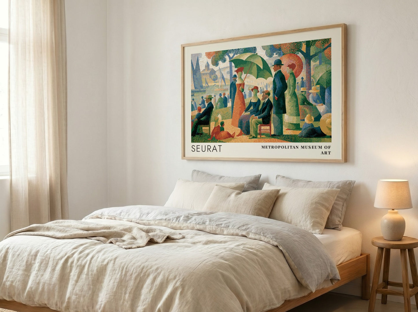 Wall art poster featuring Georges Seurat pointillist park scene with Metropolitan Museum of Art text