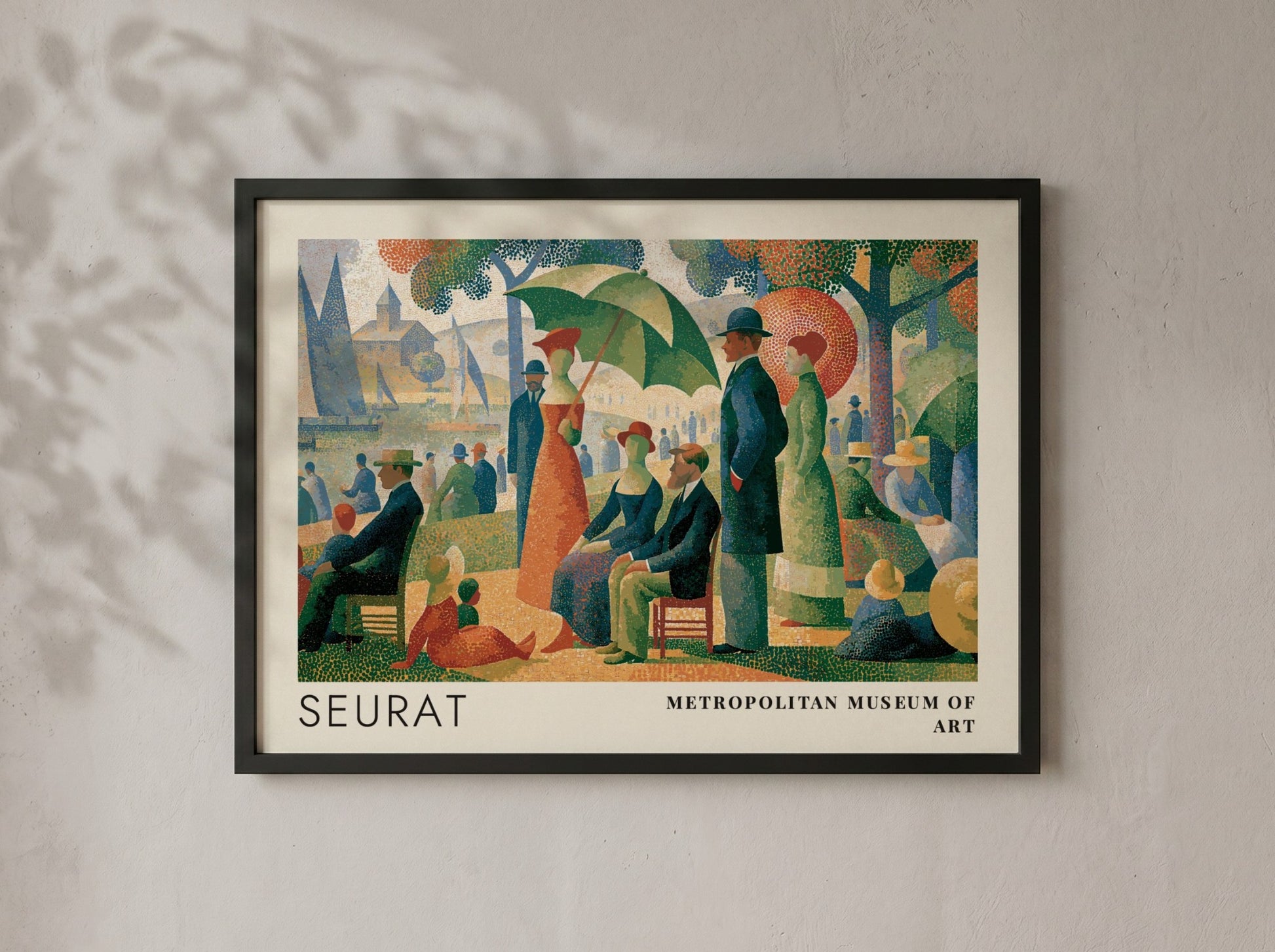 Wall art poster featuring Georges Seurat pointillist park scene with Metropolitan Museum of Art text