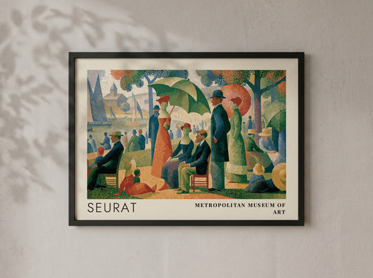 Wall art poster featuring Georges Seurat pointillist park scene with Metropolitan Museum of Art text
