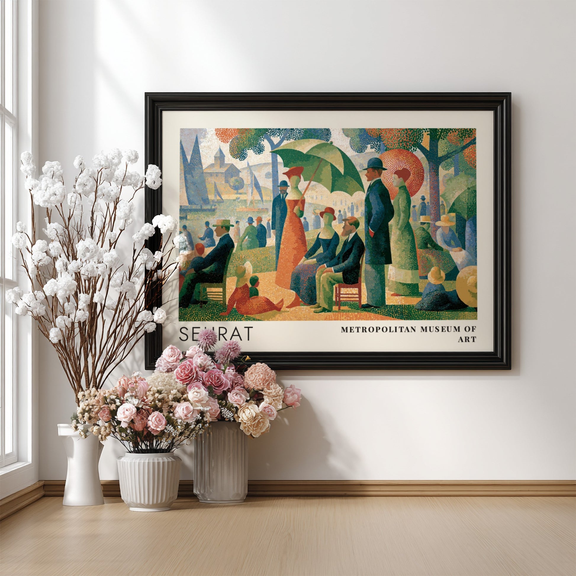 Wall art poster featuring Georges Seurat pointillist park scene with Metropolitan Museum of Art text