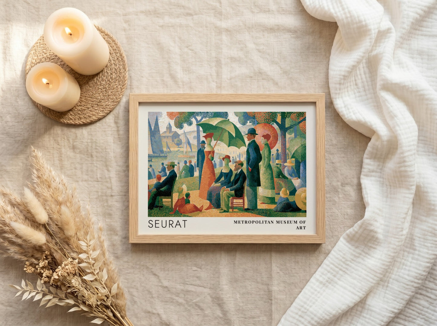 Wall art poster featuring Georges Seurat pointillist park scene with Metropolitan Museum of Art text
