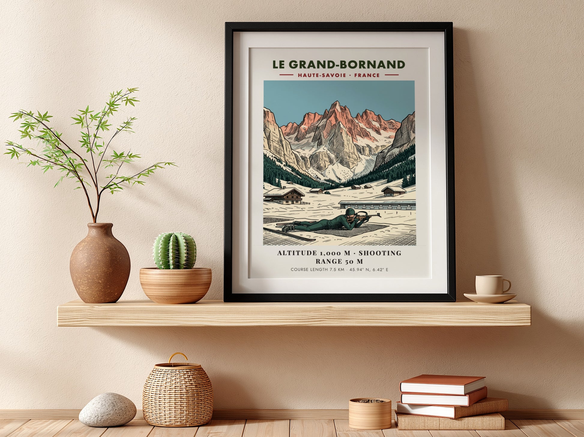Poster of a biathlete in Le Grand-Bornand with snowy French Alps mountain scenery.