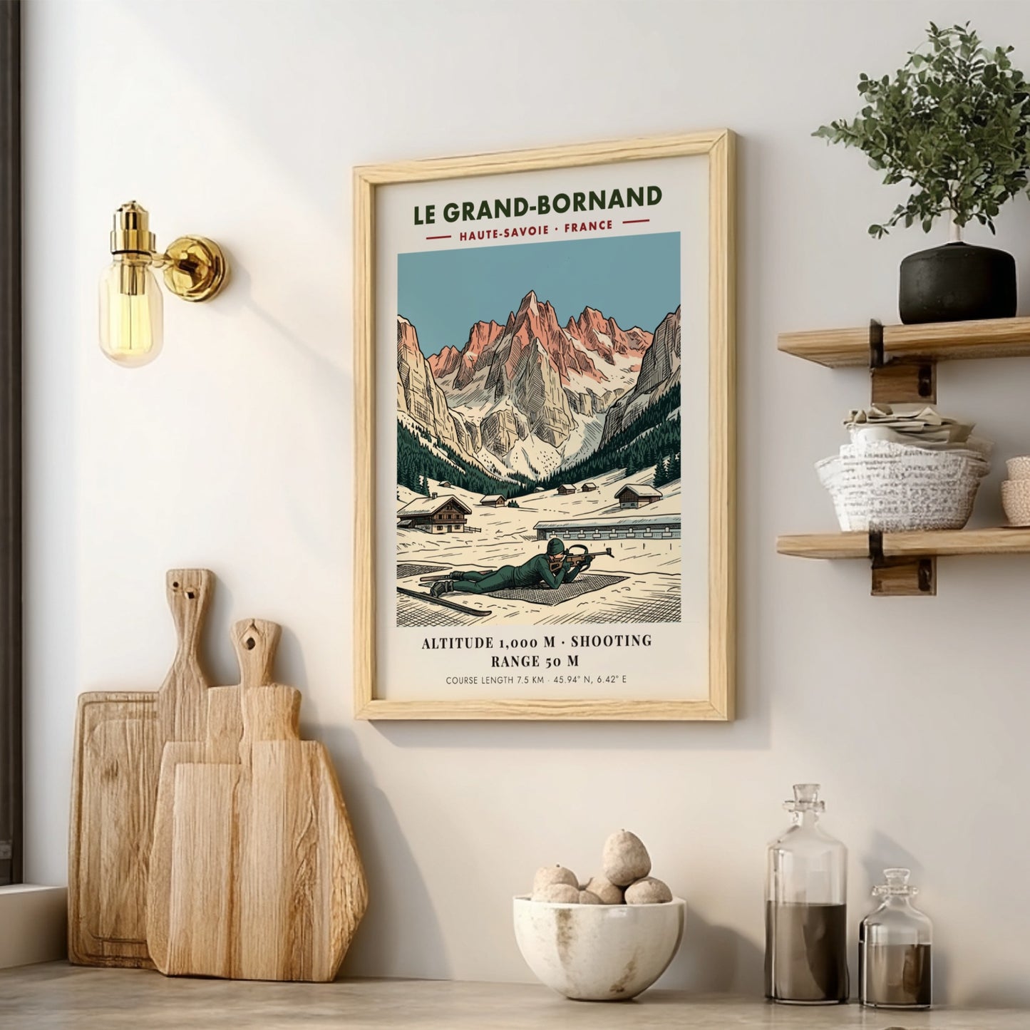Poster of a biathlete in Le Grand-Bornand with snowy French Alps mountain scenery.