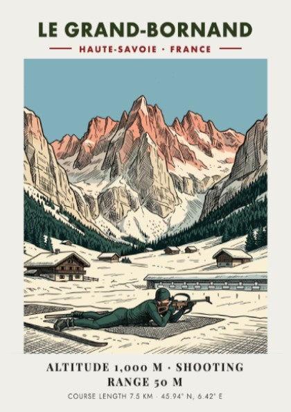 Poster of a biathlete in Le Grand-Bornand with snowy French Alps mountain scenery.