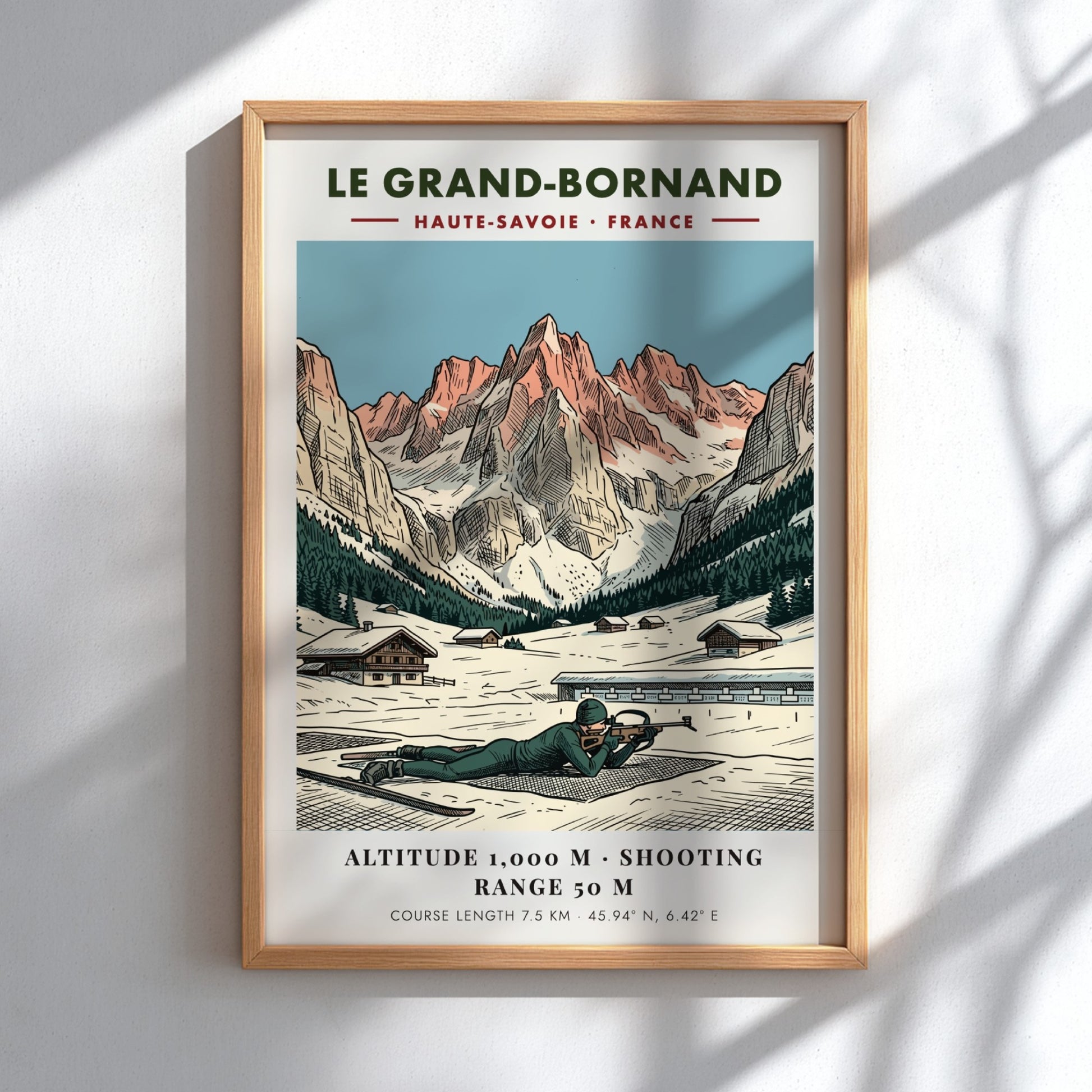 Poster of a biathlete in Le Grand-Bornand with snowy French Alps mountain scenery.