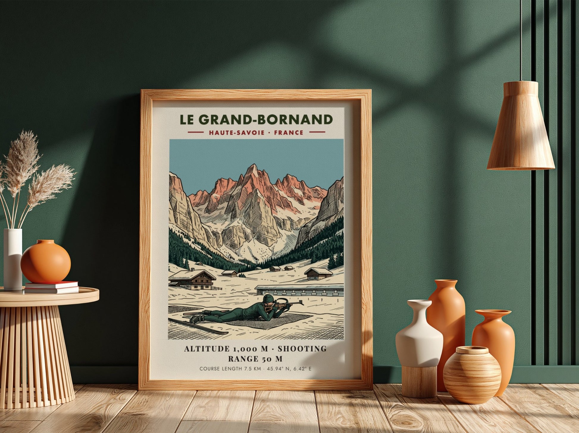 Poster of a biathlete in Le Grand-Bornand with snowy French Alps mountain scenery.