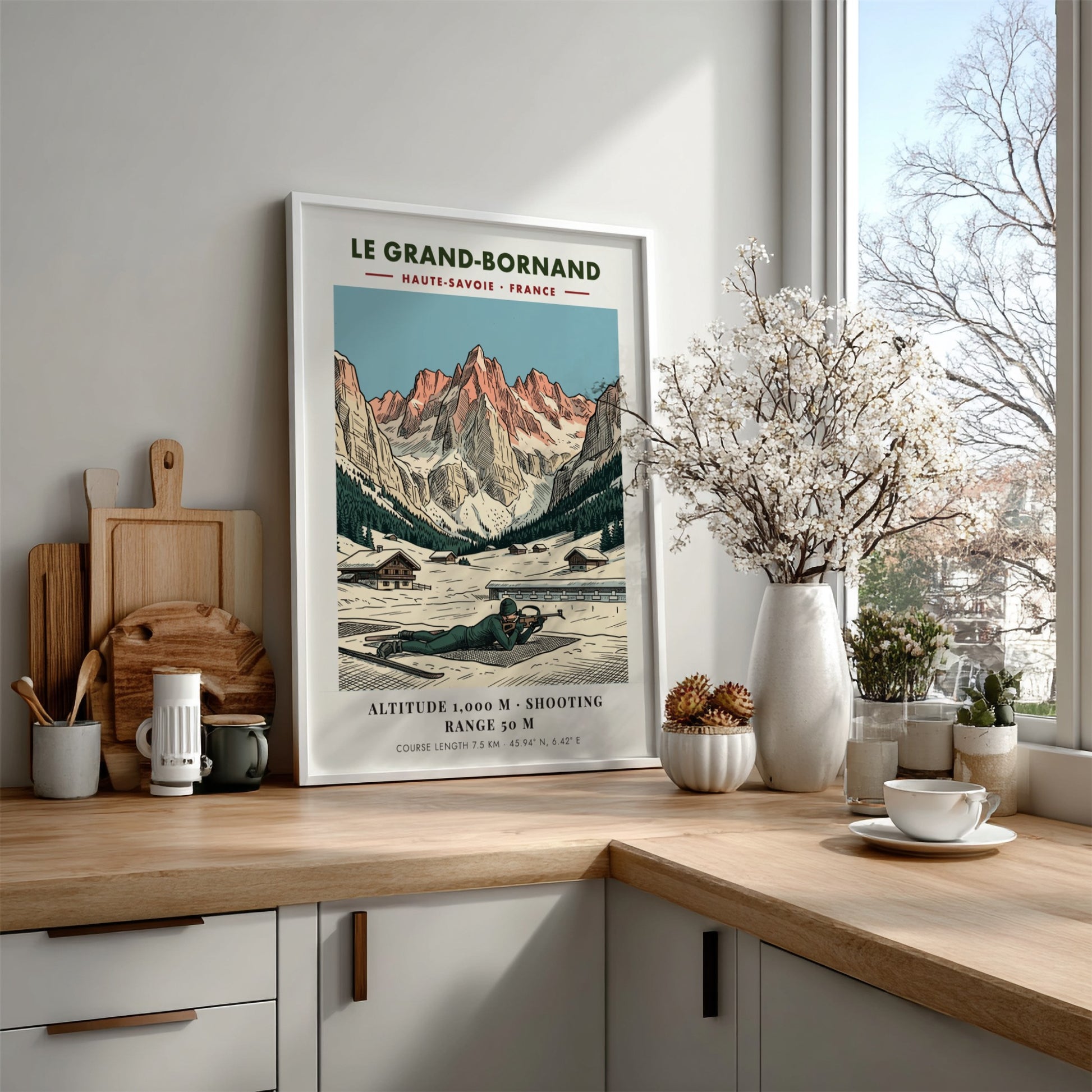 Poster of a biathlete in Le Grand-Bornand with snowy French Alps mountain scenery.