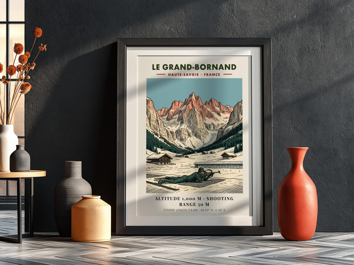 Poster of a biathlete in Le Grand-Bornand with snowy French Alps mountain scenery.