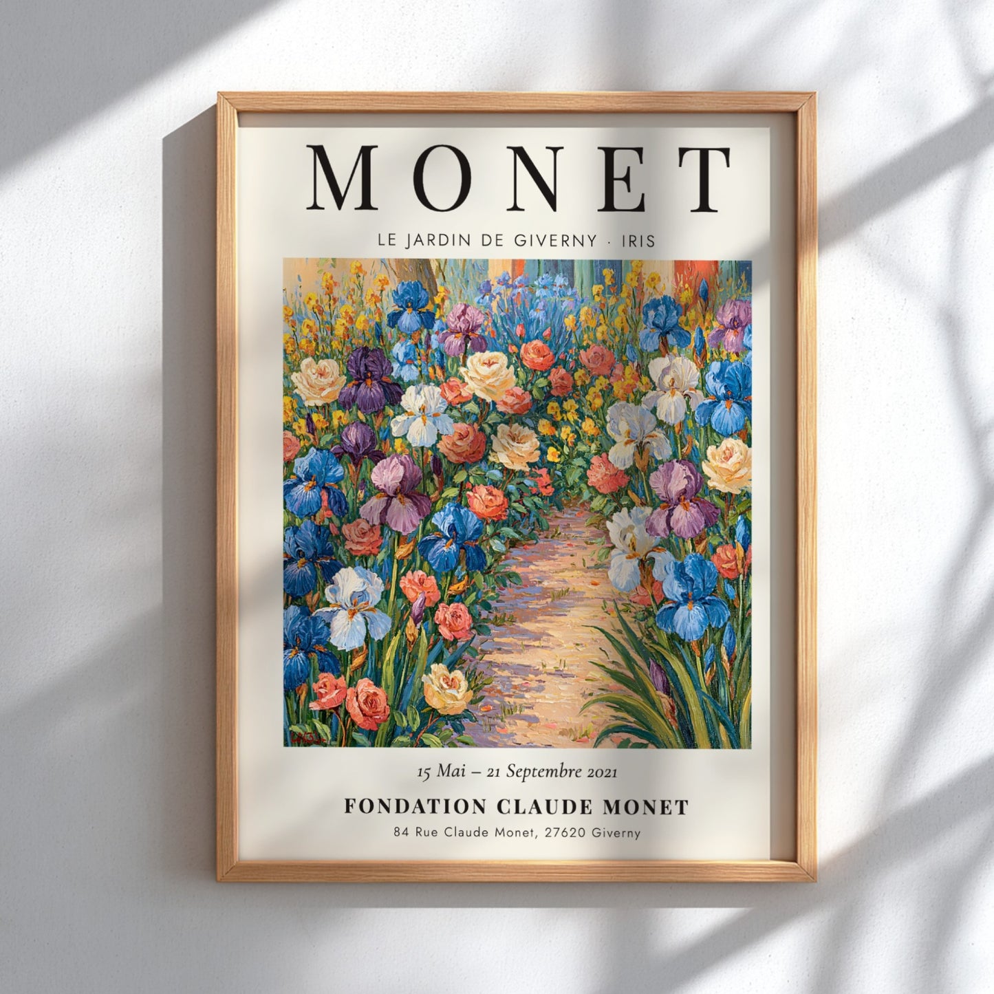 Monet inspired poster featuring vibrant irises in a colorful garden scene