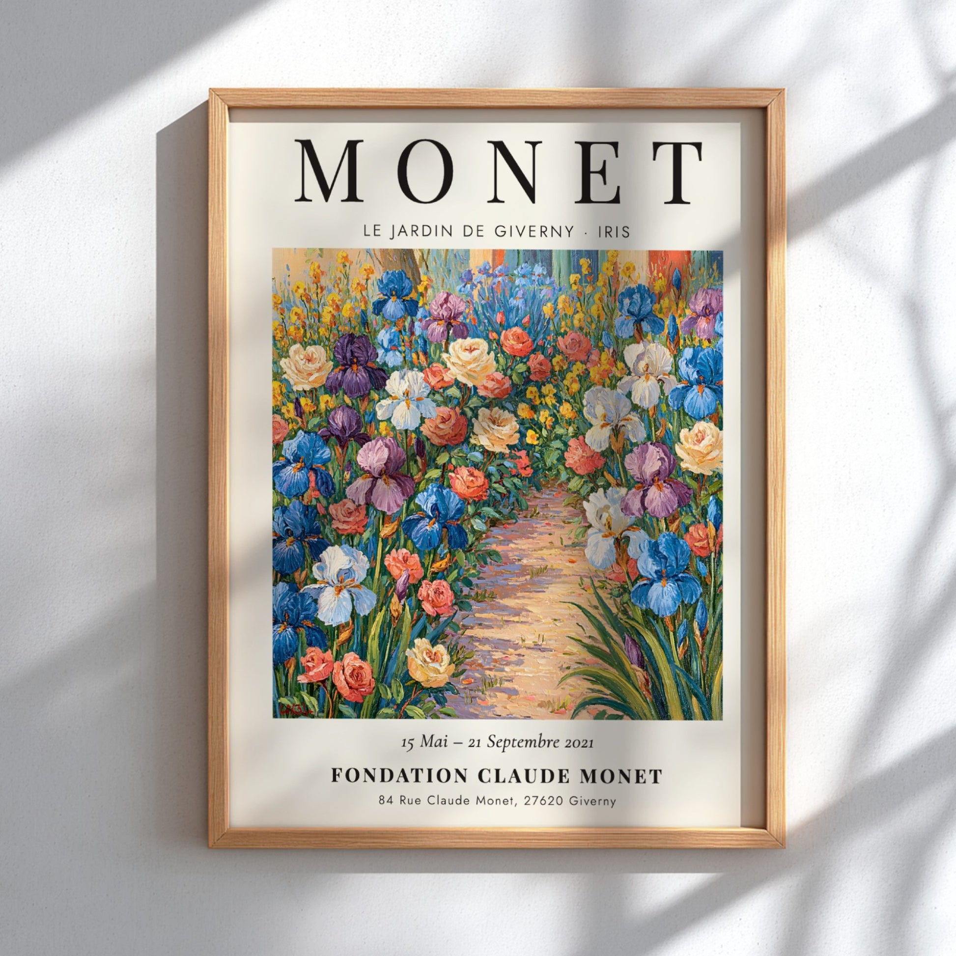 Monet inspired poster featuring vibrant irises in a colorful garden scene