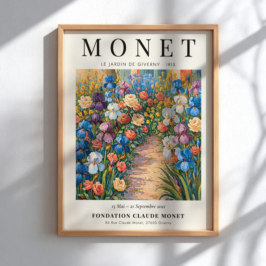Monet inspired poster featuring vibrant irises in a colorful garden scene