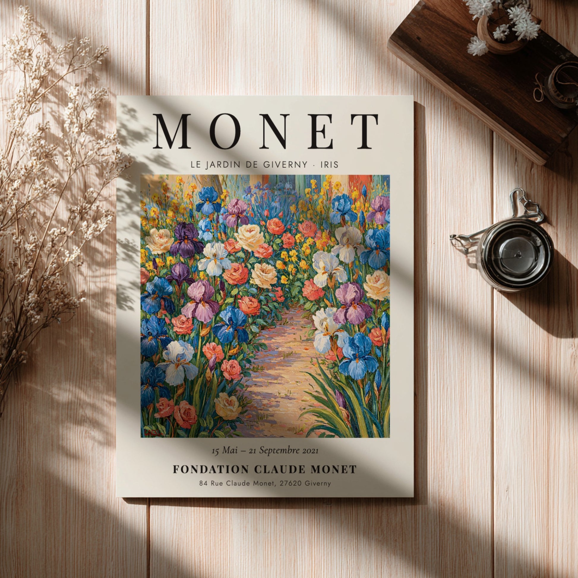 Monet inspired poster featuring vibrant irises in a colorful garden scene