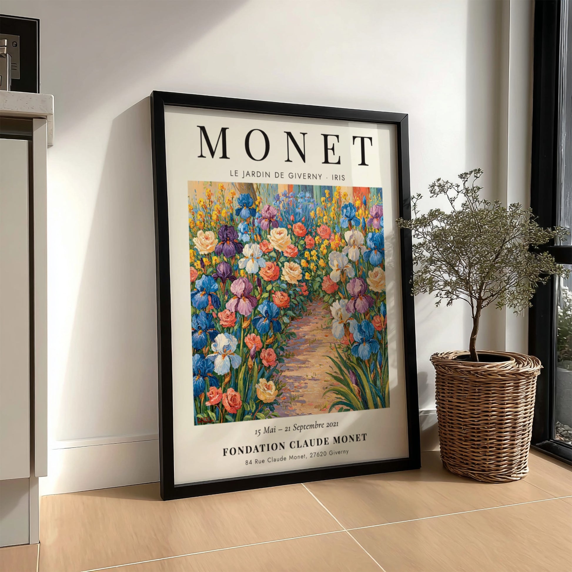 Monet inspired poster featuring vibrant irises in a colorful garden scene