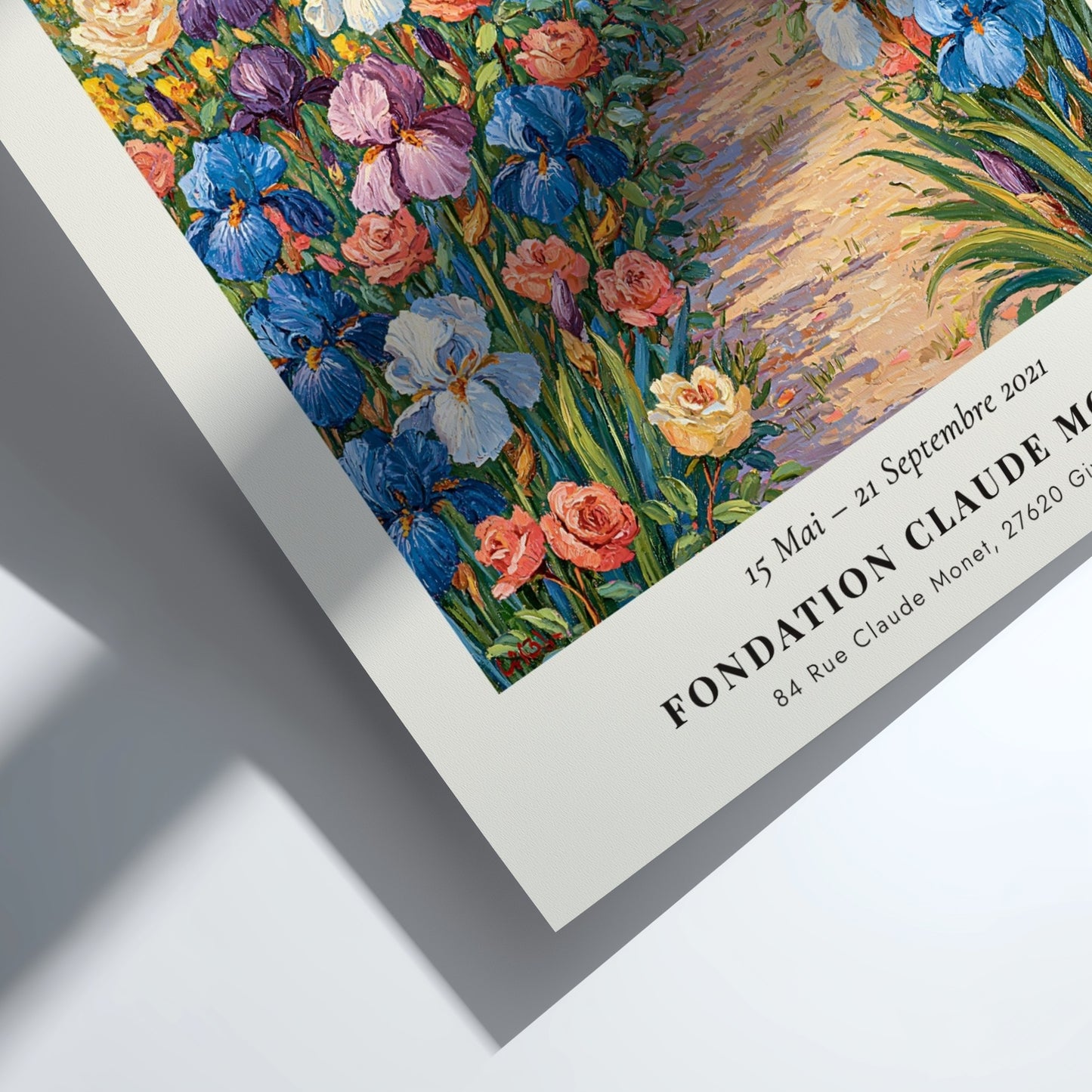 Monet inspired poster featuring vibrant irises in a colorful garden scene