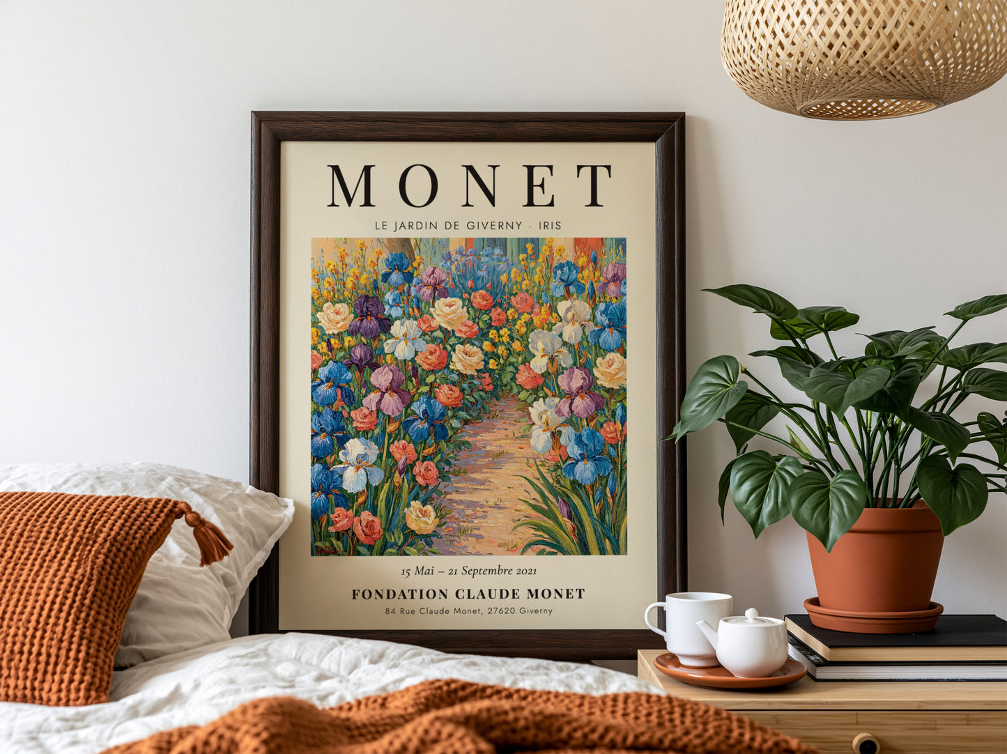 Monet inspired poster featuring vibrant irises in a colorful garden scene