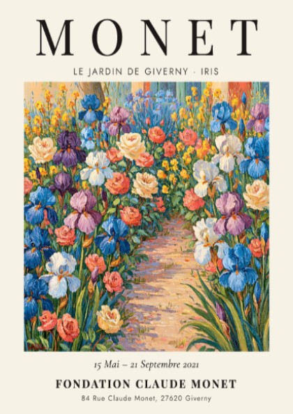 Monet inspired poster featuring vibrant irises in a colorful garden scene