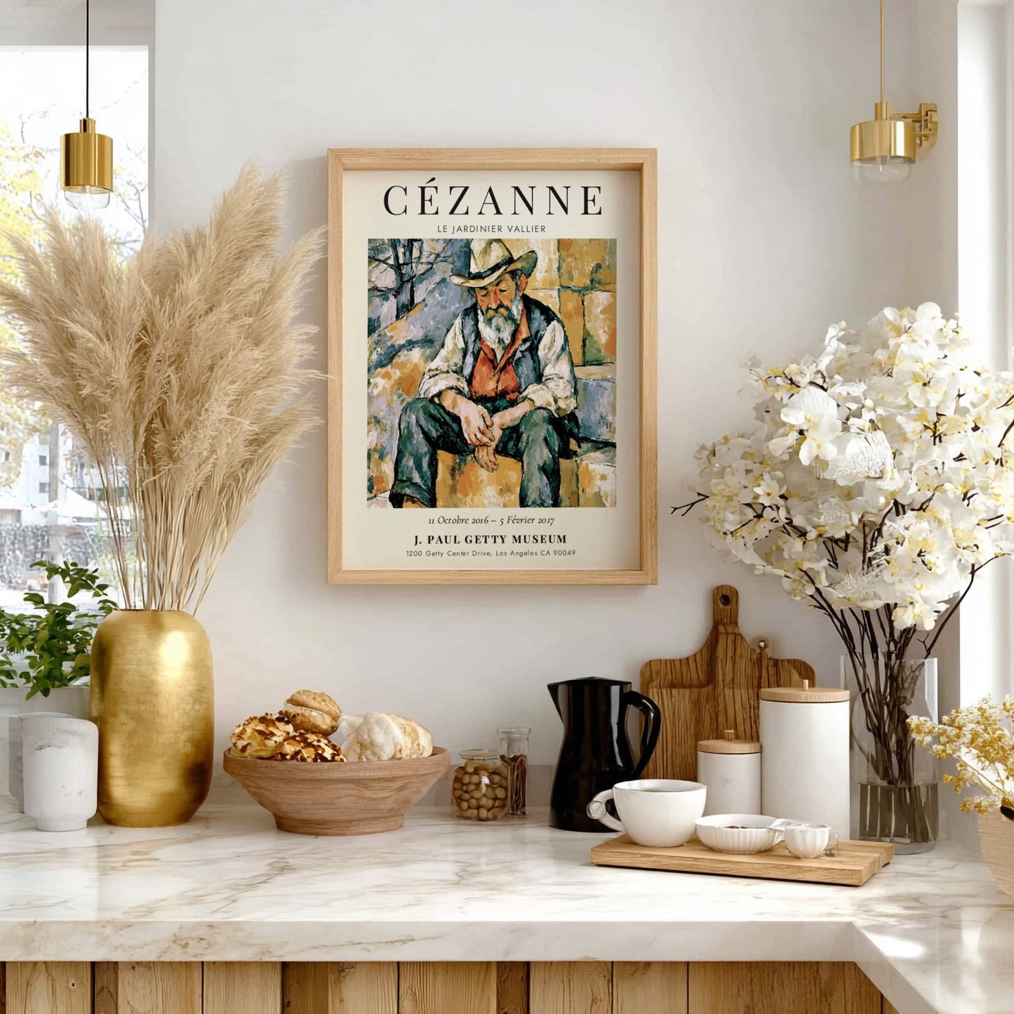 Cézanne exhibition poster featuring Le Jardinier Vallier in warm tones and expressive brushwork