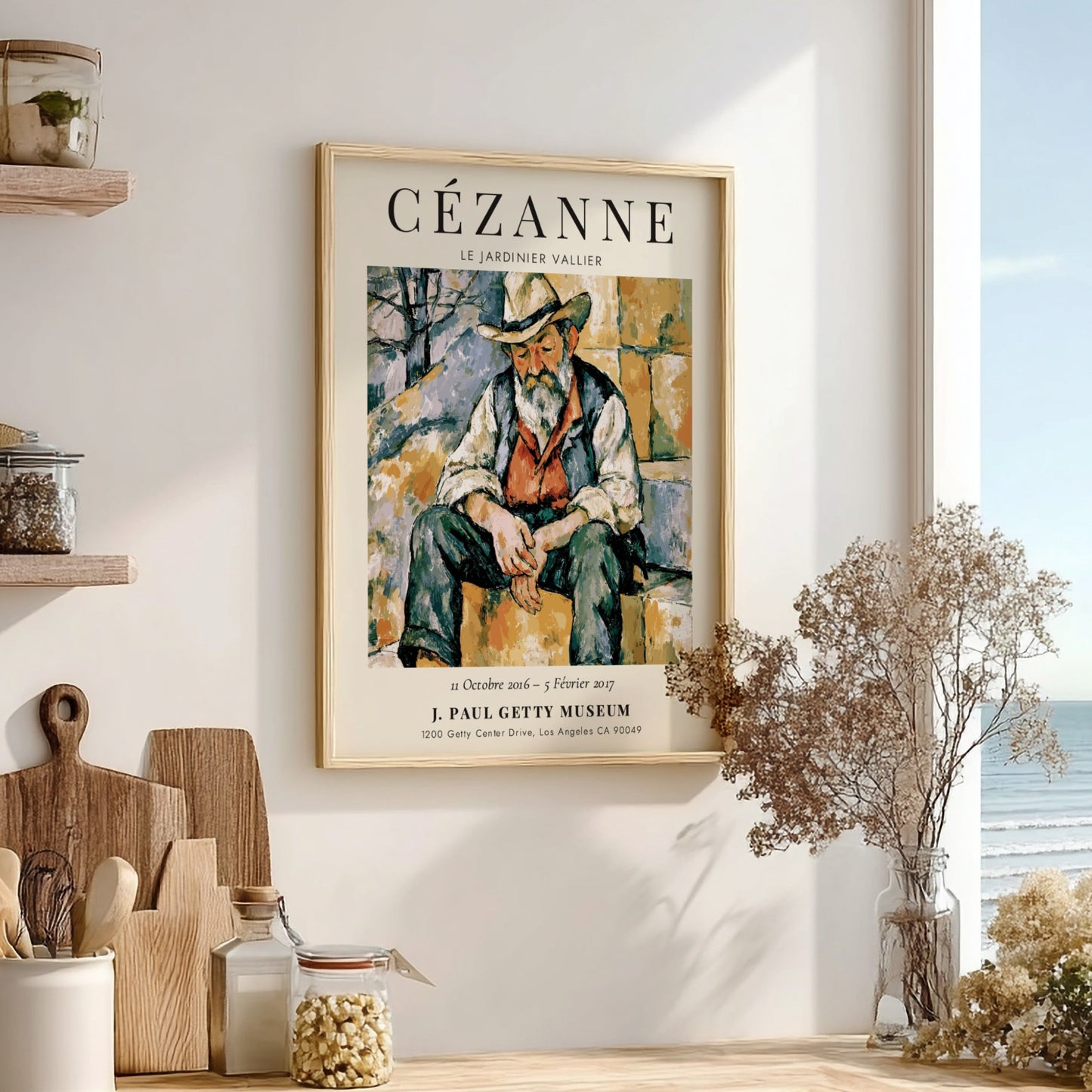 Cézanne exhibition poster featuring Le Jardinier Vallier in warm tones and expressive brushwork