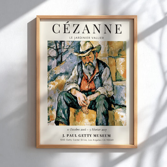 Cézanne exhibition poster featuring Le Jardinier Vallier in warm tones and expressive brushwork